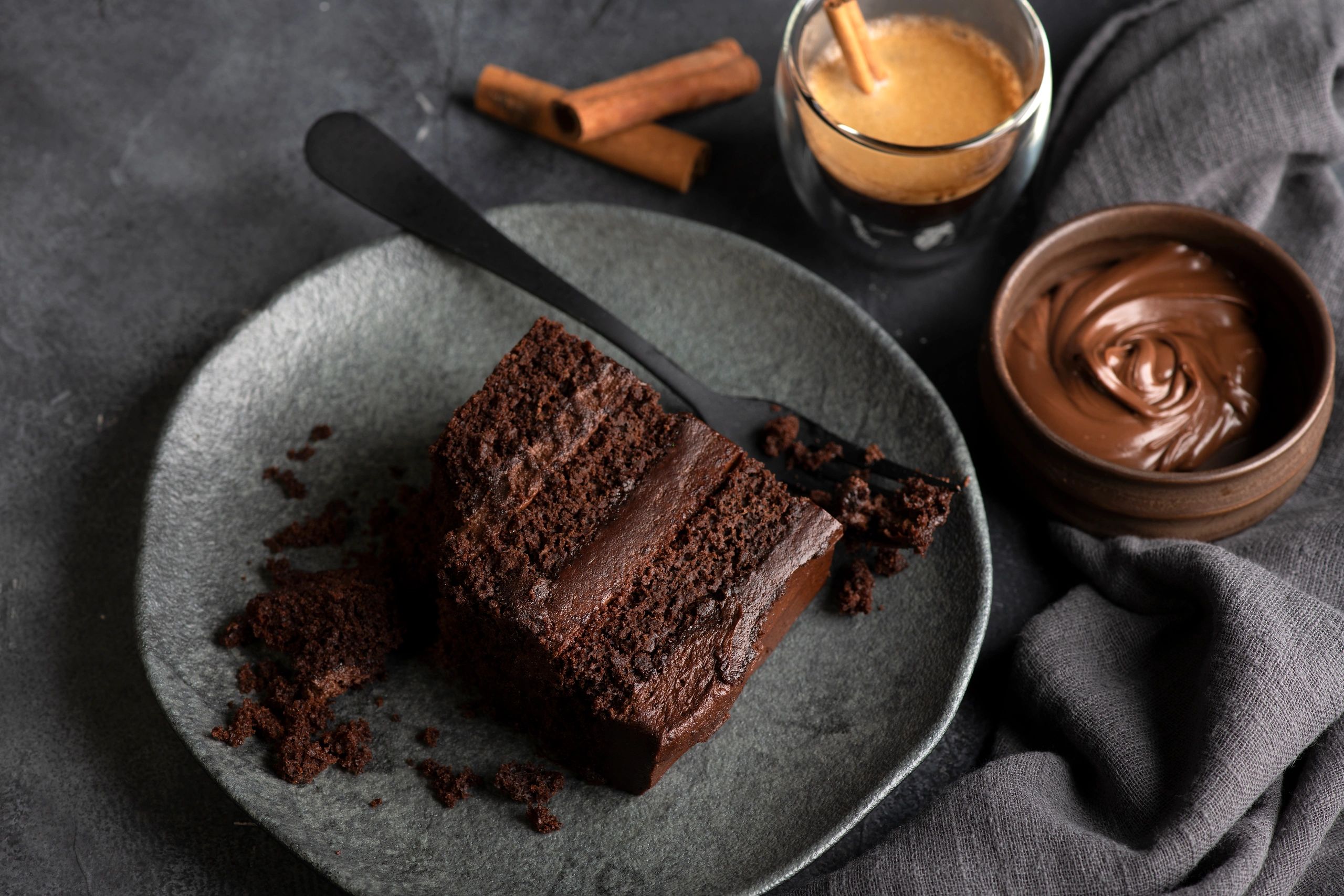 Slice of chocolate cake on a plate, close-up